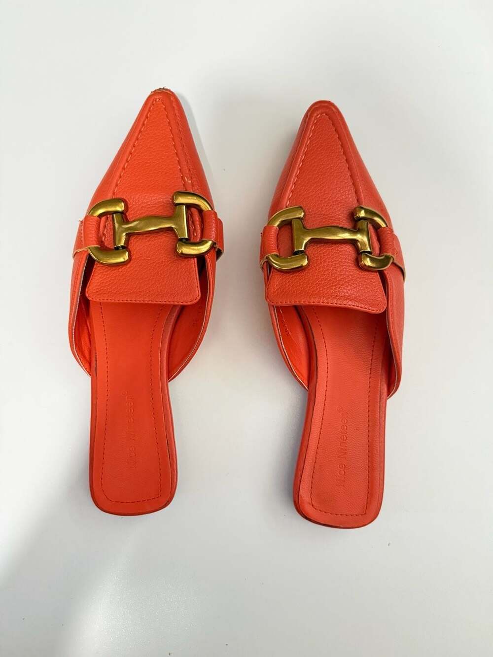 Nice Nineteen Orange Pointed Toe Flat Mules with Metal Buckle
